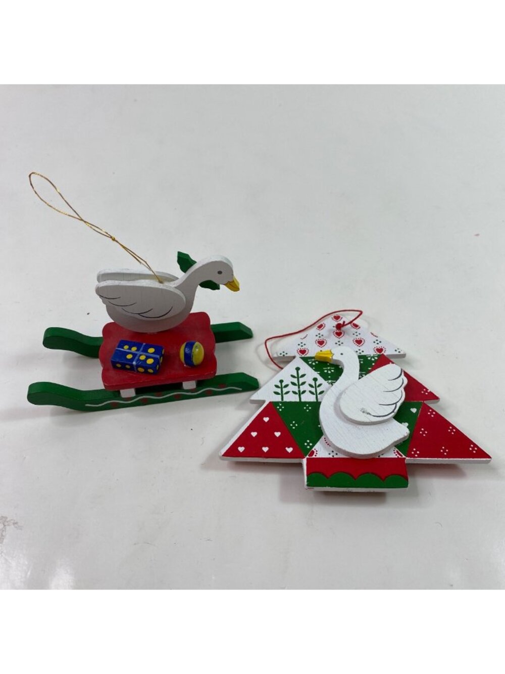 Vintage Wooden Goose Christmas Ornaments Set 2 Tree Sled Gifts Holiday Decor